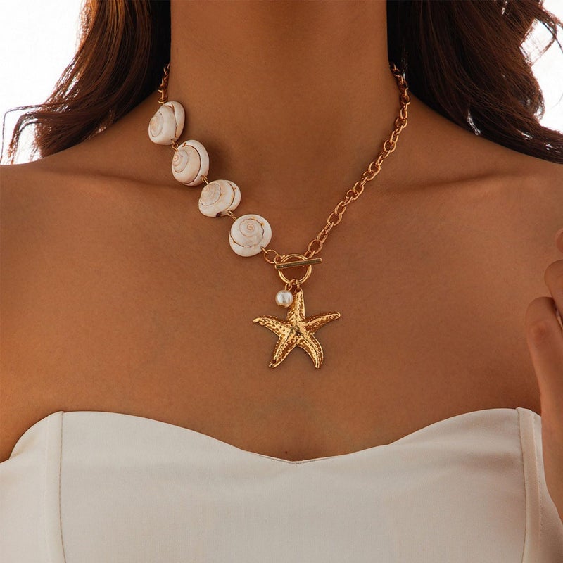MIFYNN Gold Shell Starfish Necklace for Women Pearl Shell Necklace Layered Beaded Starfish Necklaces Summer Beach Surf Jewelry Gifts for Women - Image 2